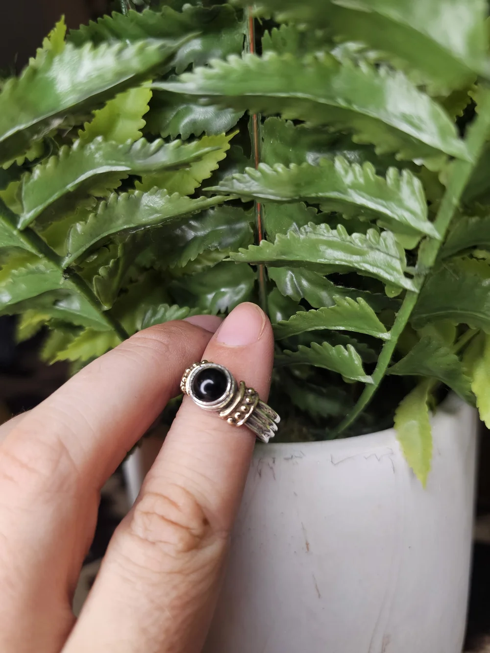 Sterling Silver Black Onyx Ring with 14k Gold - Signed - Size 8.75